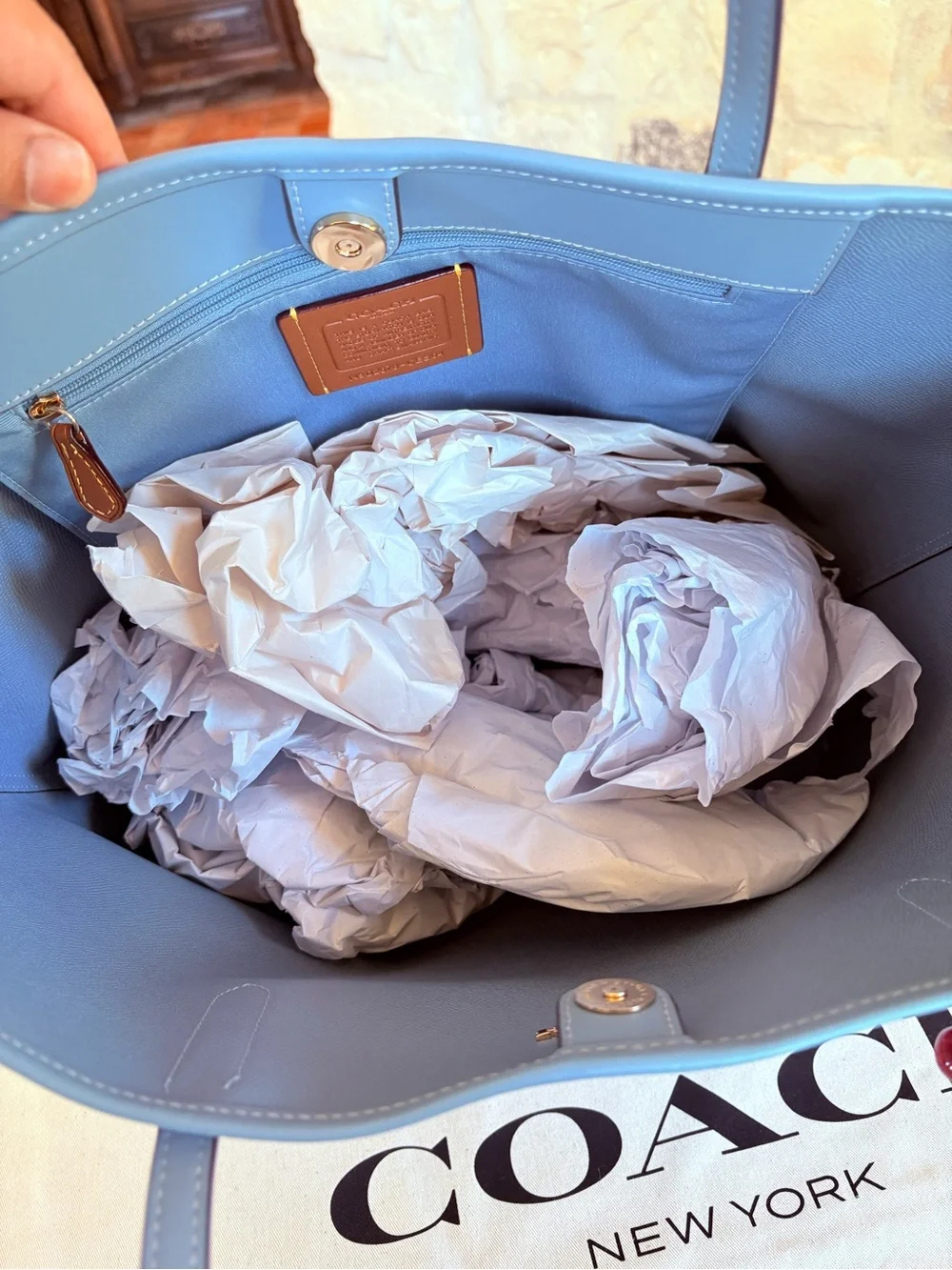Coach Blue and White Gingham Tote with Cherry Charm